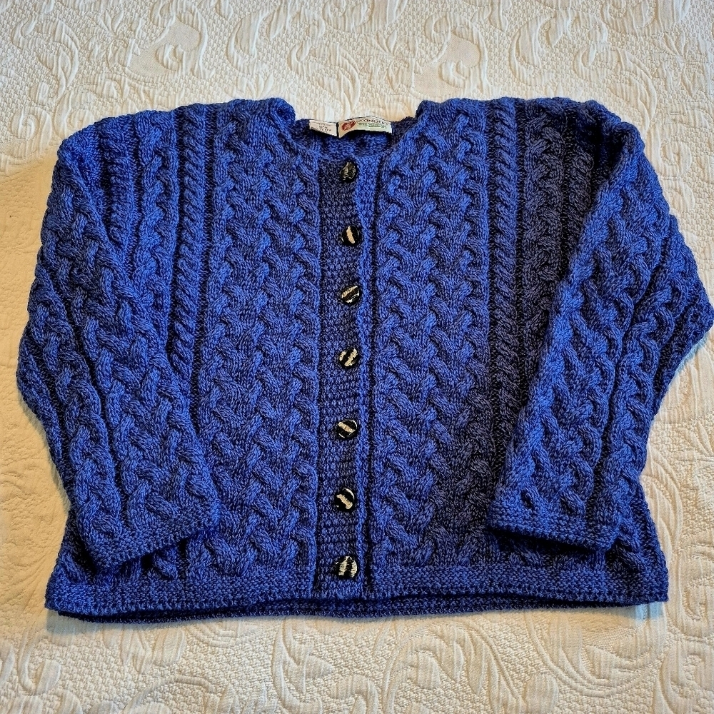 Standun women's Medium blue heather 100% merino wool Fisherman Cardigan EUC